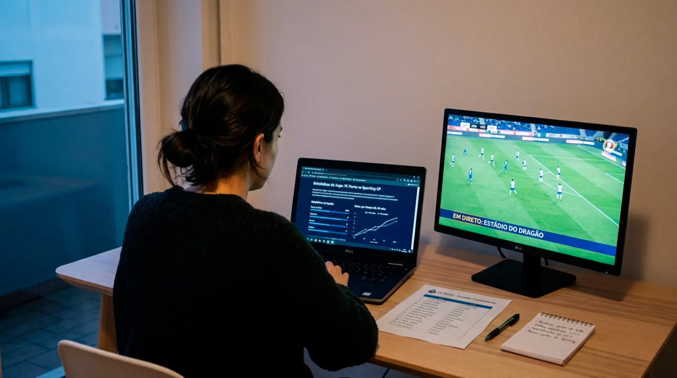 Analista a rever estatísticas de futebol num portátil antes de apostar