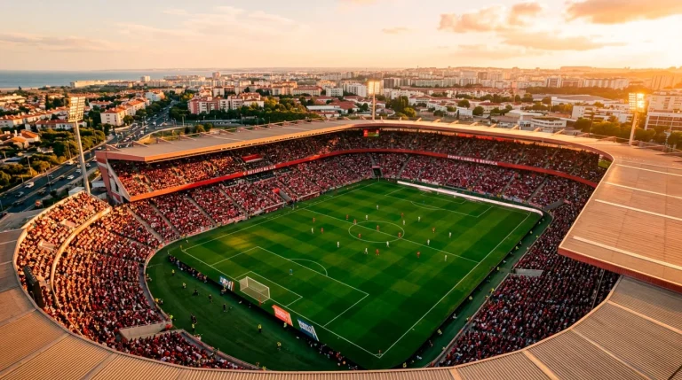 Estádio de futebol da Liga Portugal visto de cima ao entardecer