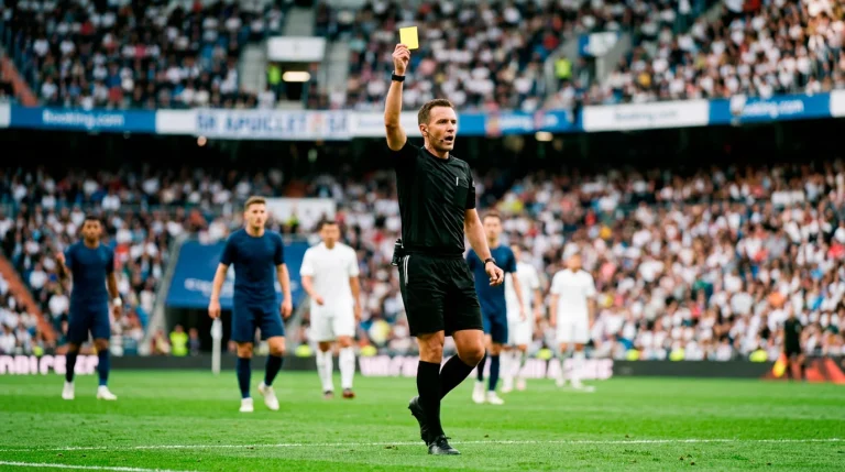Árbitro de futebol a mostrar cartão amarelo durante um jogo num relvado verde