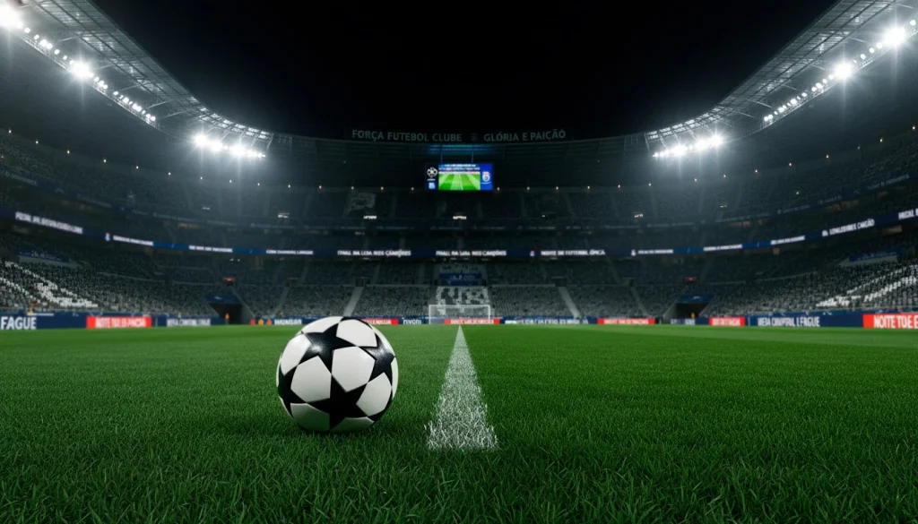 Bola de futebol num relvado de estádio europeu iluminado para jogo noturno