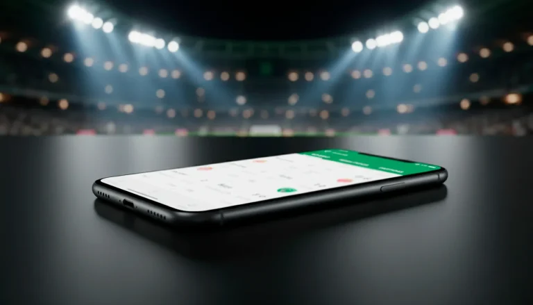 Smartphone com ecrã iluminado ao lado de um estádio de futebol à noite