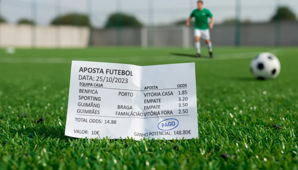 Boletim de apostas múltiplas de futebol sobre um relvado verde