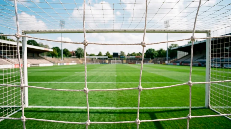 Rede de baliza de futebol vista de trás com relvado verde em primeiro plano
