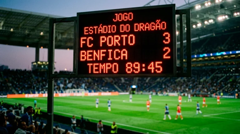 Marcador eletrónico de futebol a mostrar um resultado num estádio iluminado