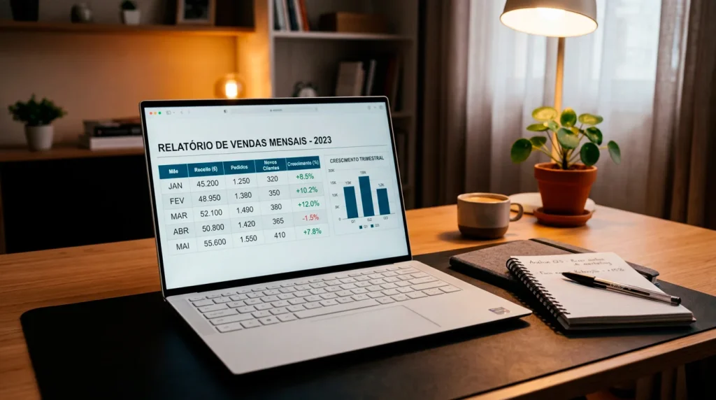 Ecrã de portátil com tabela de dados e gráficos num escritório iluminado