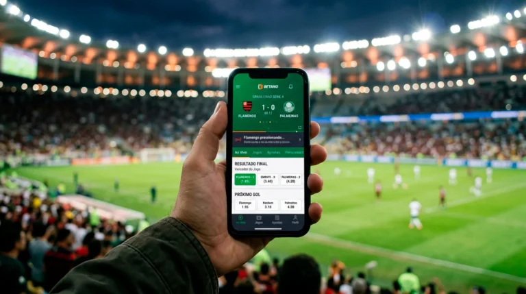 Mão a segurar telemóvel com ecrã de apostas ao vivo durante um jogo de futebol num estádio