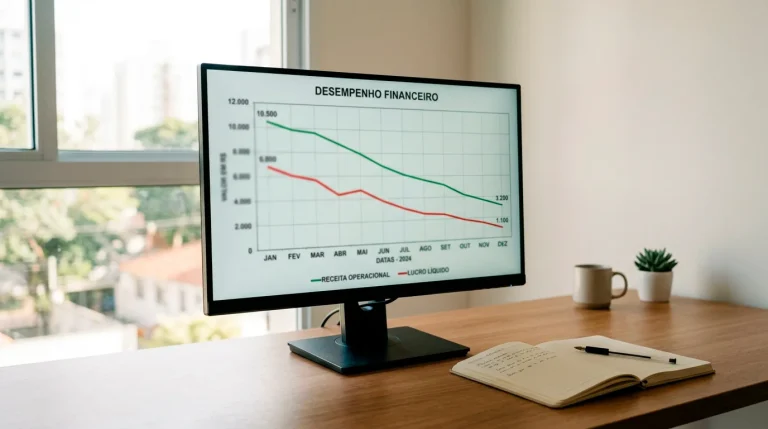 Ecrã de computador com gráfico de linhas descendentes num ambiente de escritório