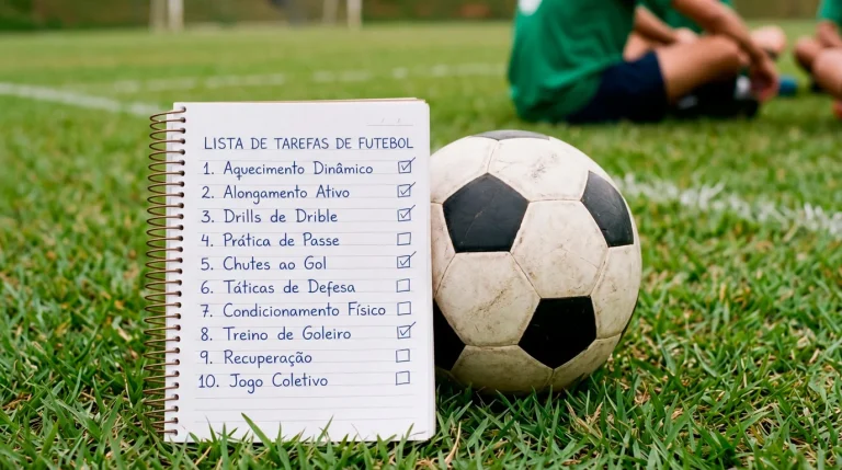 Bloco de notas com checklist de análise pré-jogo junto a uma bola de futebol
