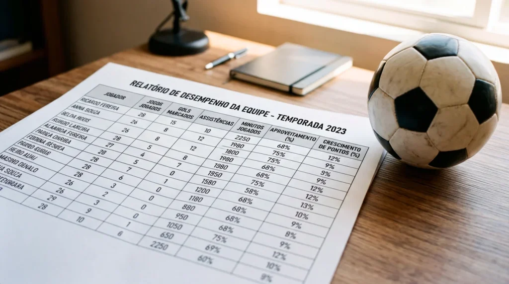 Folha de cálculo com percentagens e uma bola de futebol sobre uma secretária de madeira