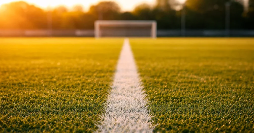 Campo de futebol ao nível do relvado com linha central visível ao pôr do sol