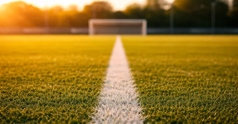 Campo de futebol ao nível do relvado com linha central visível ao pôr do sol