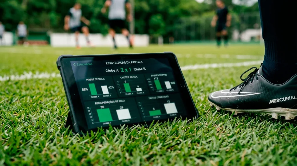Ecrã de tablet com estatísticas de futebol junto a um relvado