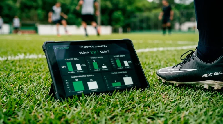 Ecrã de tablet com estatísticas de futebol junto a um relvado