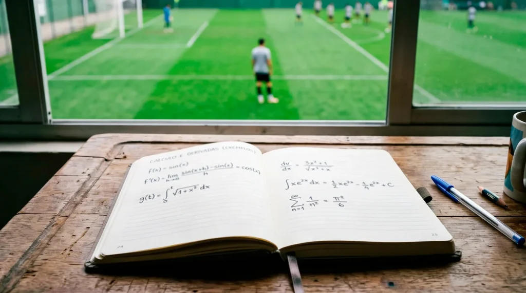 Caderno aberto com fórmula de expected value junto a um relvado de futebol