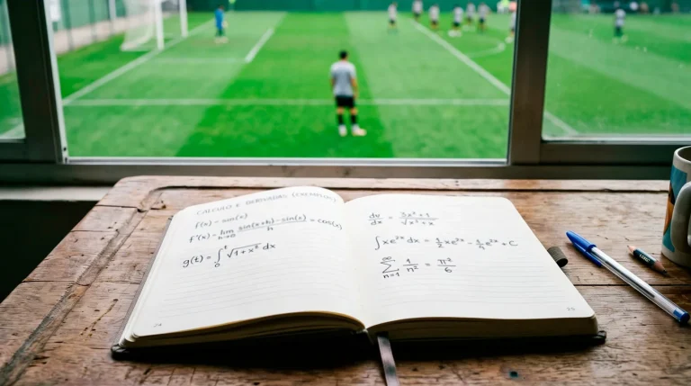 Caderno aberto com fórmula de expected value junto a um relvado de futebol