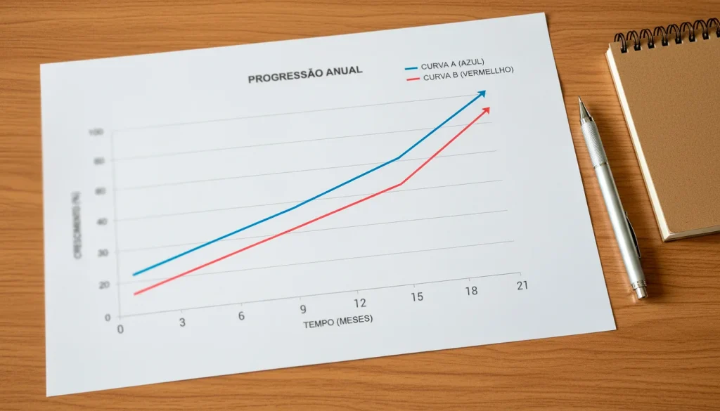 Gráfico de crescimento de banca de apostas sobre uma mesa com notas