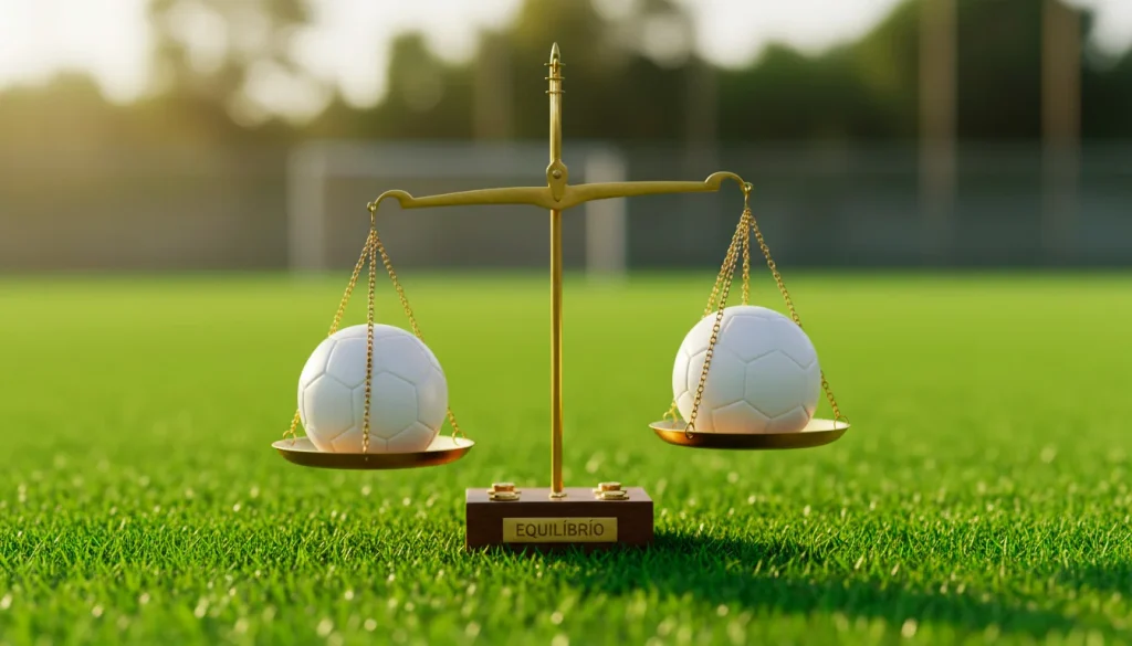 Balança em equilíbrio com uma bola de futebol de cada lado sobre um relvado verde