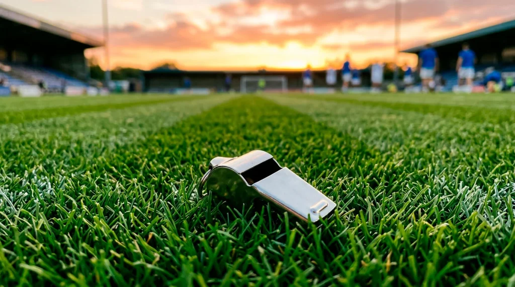 Apito de árbitro sobre um relvado de futebol verde ao pôr do sol