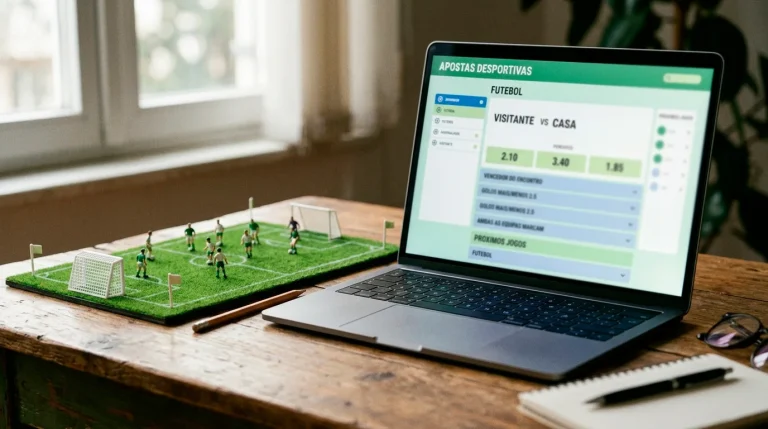 Calculadora com odds de futebol num ecrã de computador junto a um relvado verde