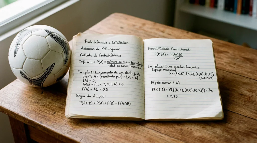 Caderno aberto com fórmulas matemáticas ao lado de um relvado de futebol visto de cima