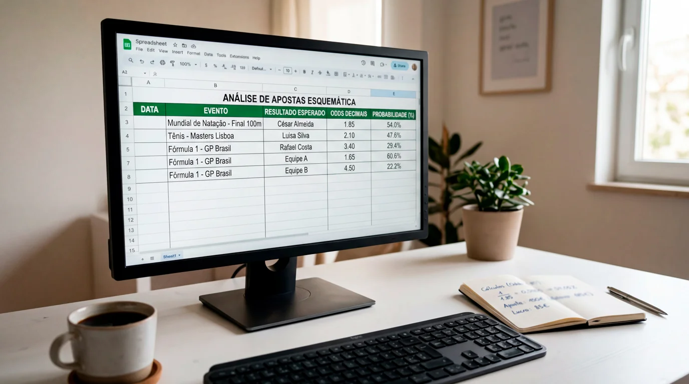Tabela de odds decimais e probabilidades implícitas num ecrã de computador