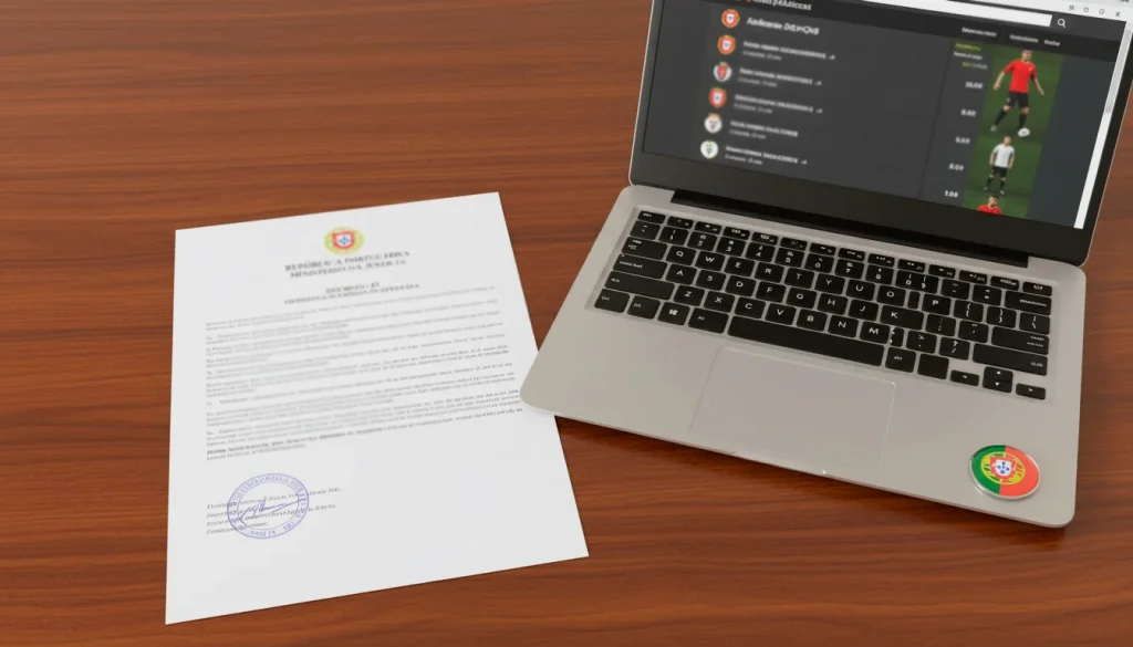 Documento legal junto a um portátil com página de apostas desportivas aberta