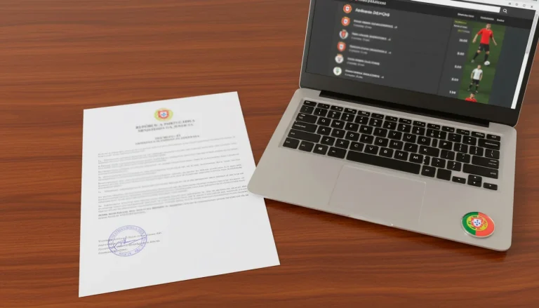 Documento legal junto a um portátil com página de apostas desportivas aberta