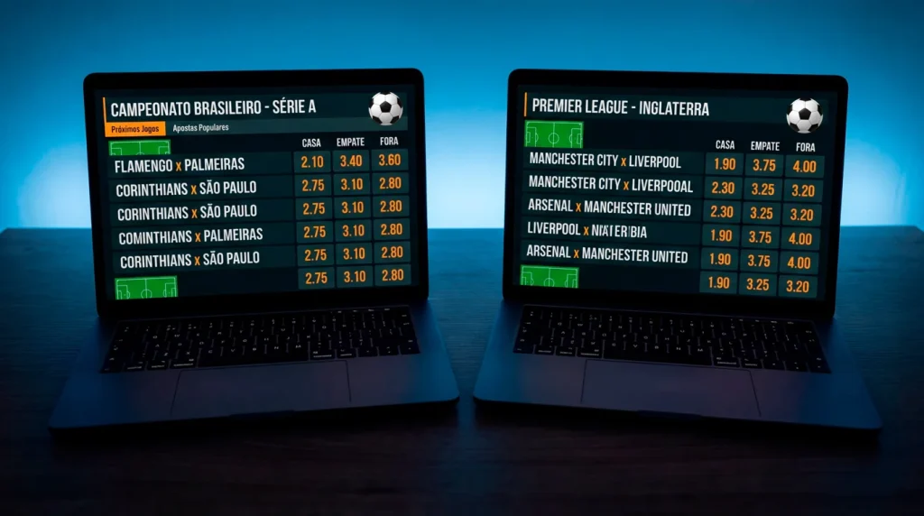 Dois ecrãs de computador portátil com odds de futebol lado a lado