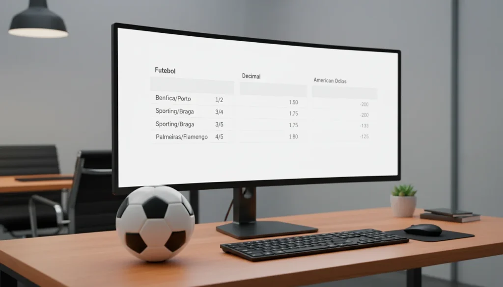 Ecrã de computador com três colunas de odds em formatos diferentes junto a uma bola de futebol